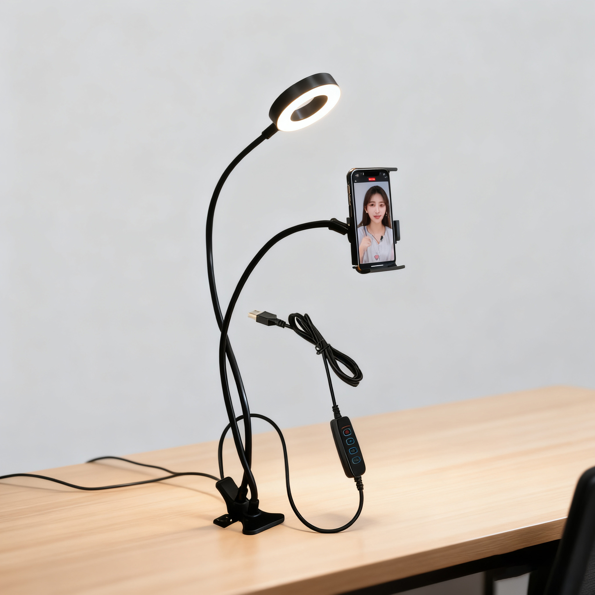 Multi-functional LED Selfie Ring Light Flexible Gooseneck USB Clip Rack Clamp Lamp Eye Protection Phone Holder ABS+Acrylic Black