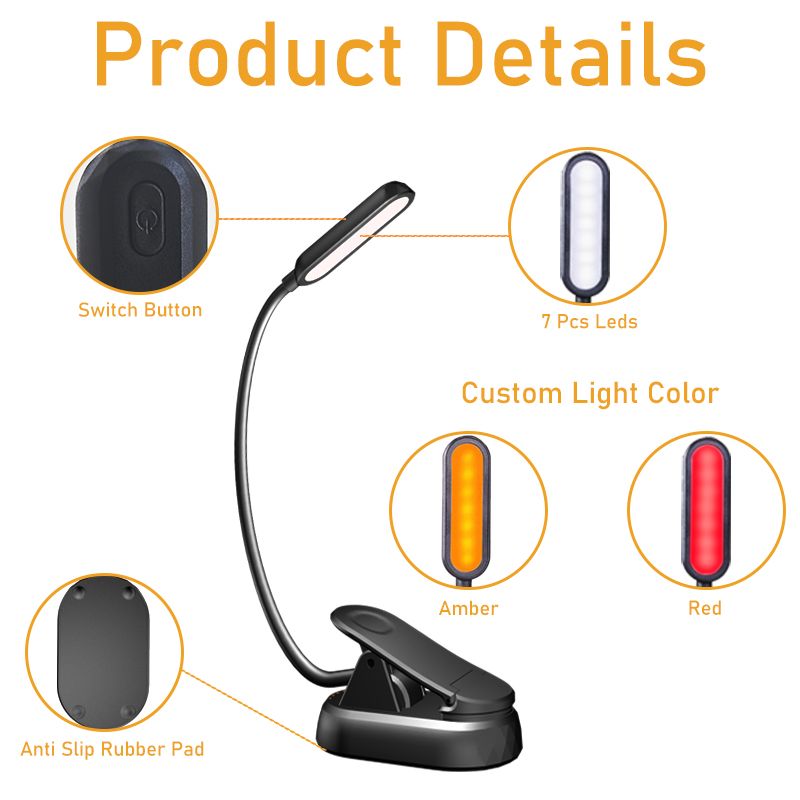 YARRAE Amber Color Rechargeable Book Light Eye Care Blue Blocking Clip Night Light Bedside LED Reading Light