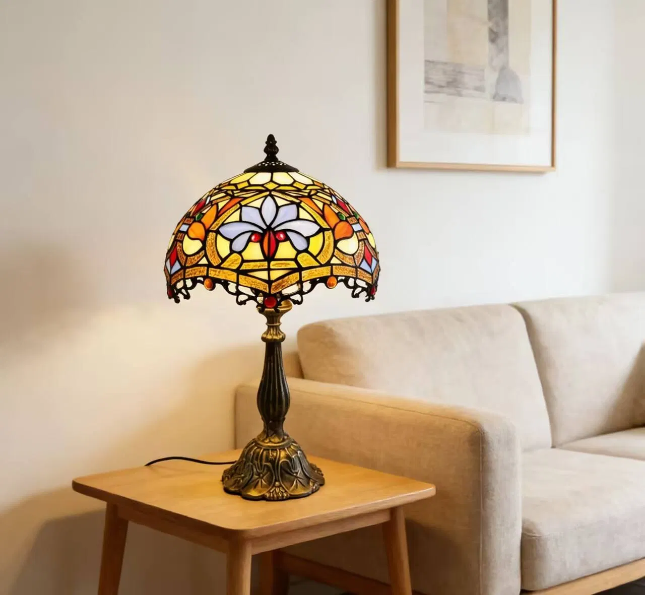 Retro Stained Glass Table Lamp Handcrafted Colored Glass Desk Lamp with Ornate Metal Base Vintage Decorative Bedside Light
