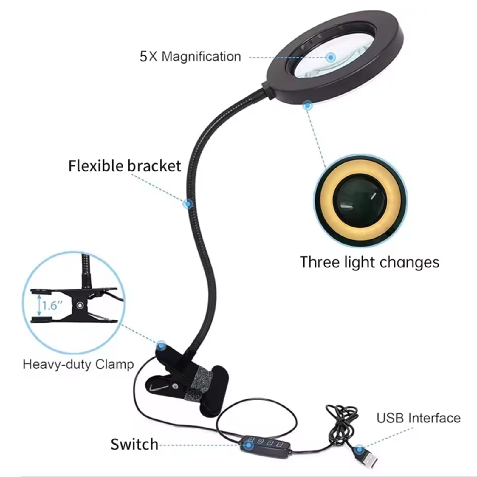 5X Magnifying Glass Desk Lamp with Clamp 3 Color Modes Flexible Gooseneck LED Desk Lamp