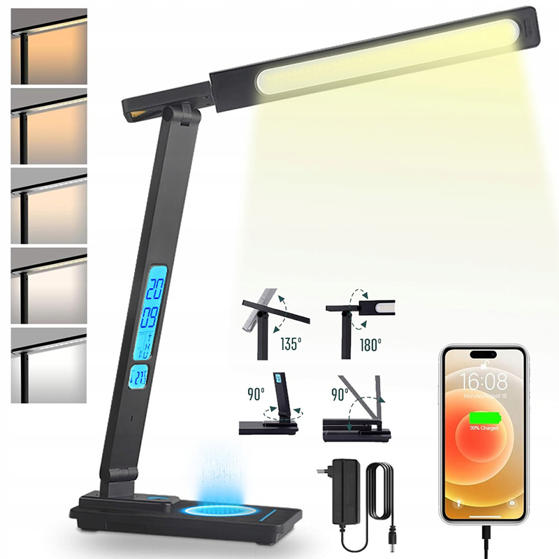 Smart LED Desk Lamp with Wireless Charger, LCD Display &amp; Timer, Foldable Table Lamp for Work &amp; Reading