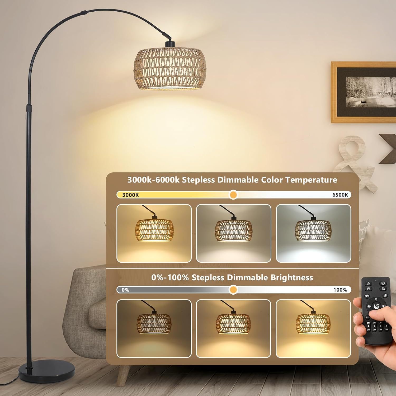 Newest Modern Design Arc Floor Lamp Creative Marble Base Bedroom Living Interior Decor Height Adjustable Hotels LED Remote