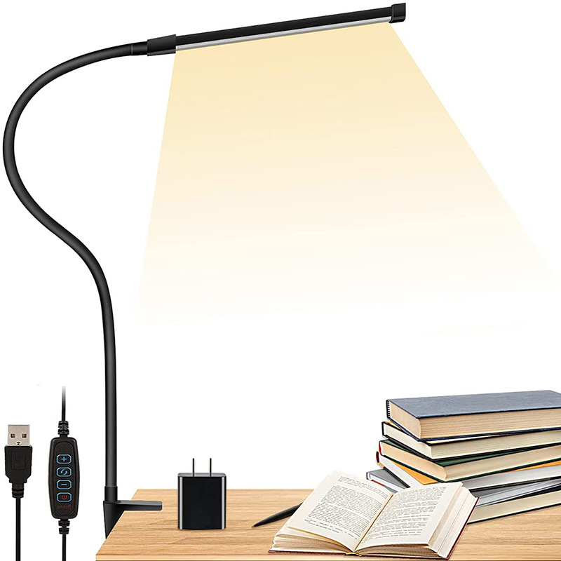 LED Desk Lamp Clamp Reading Room Long Flexible Goose Neck Metal Swing Arm Adjustable Temperature 2800K-6500K DC Modern White