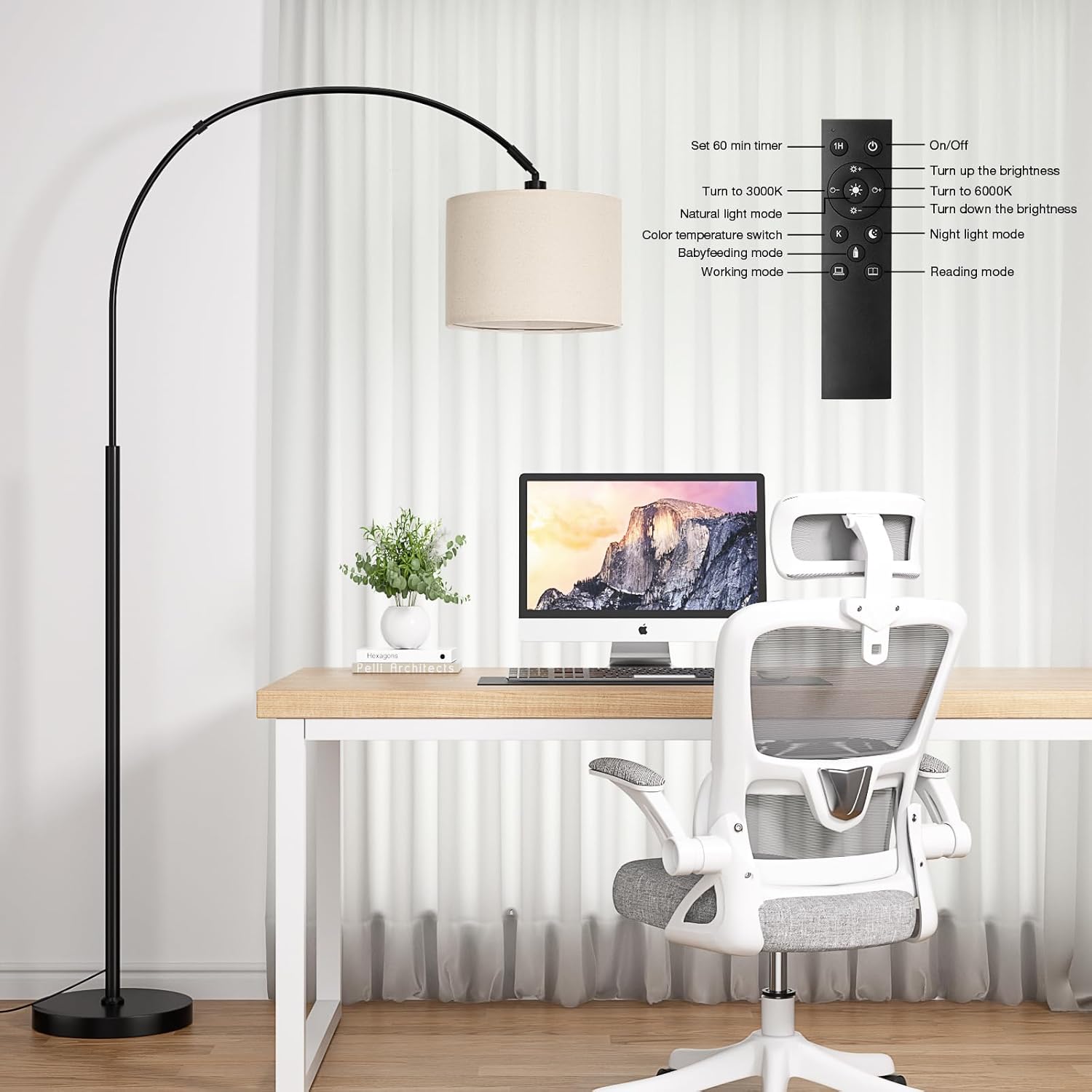 177.8 cm Beige Black Arc Floor Lamp Adjustable Brightness Color Temperature Dimmable Curved Reading Lamp for Living Room Remote