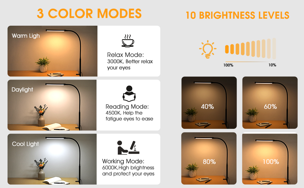 LED Desk lamp with Clamp, Eye-Caring Clip on Lights for Home Office Long Flexible Gooseneck, Metal.