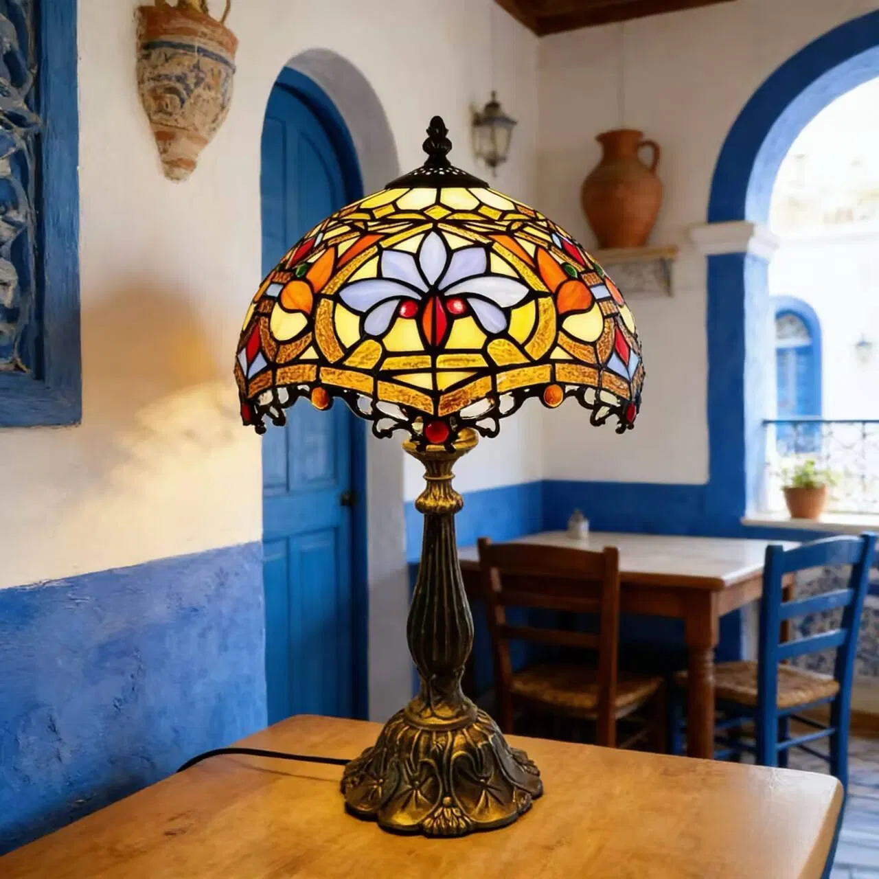 Retro Stained Glass Table Lamp Handcrafted Colored Glass Desk Lamp with Ornate Metal Base Vintage Decorative Bedside Light