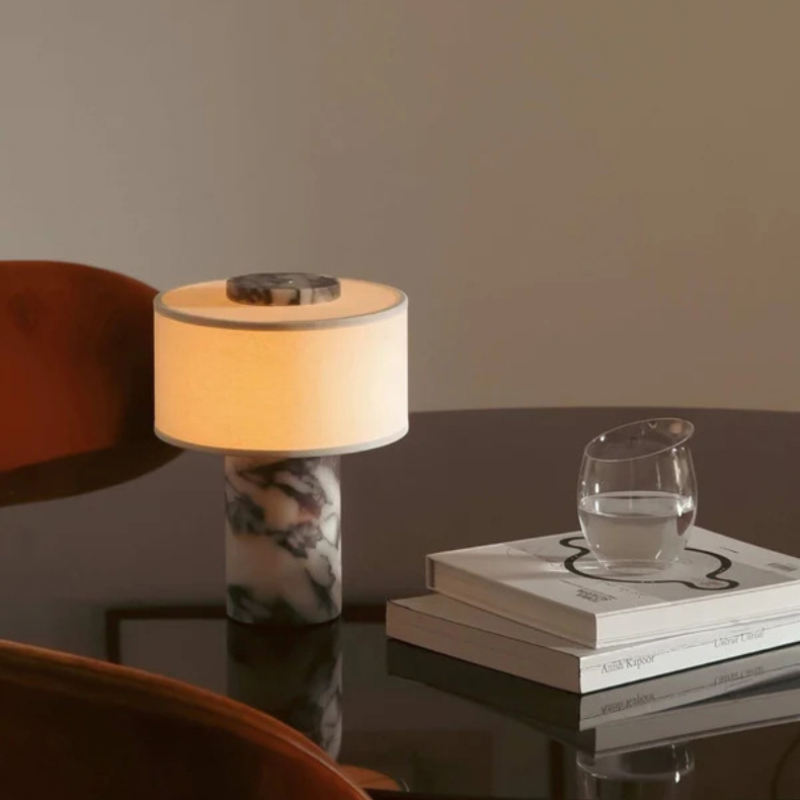 Luxury Marble Table Lamp With Fabric Shade | Modern Decorative Bedside Light For Living Room &amp; Bedroom