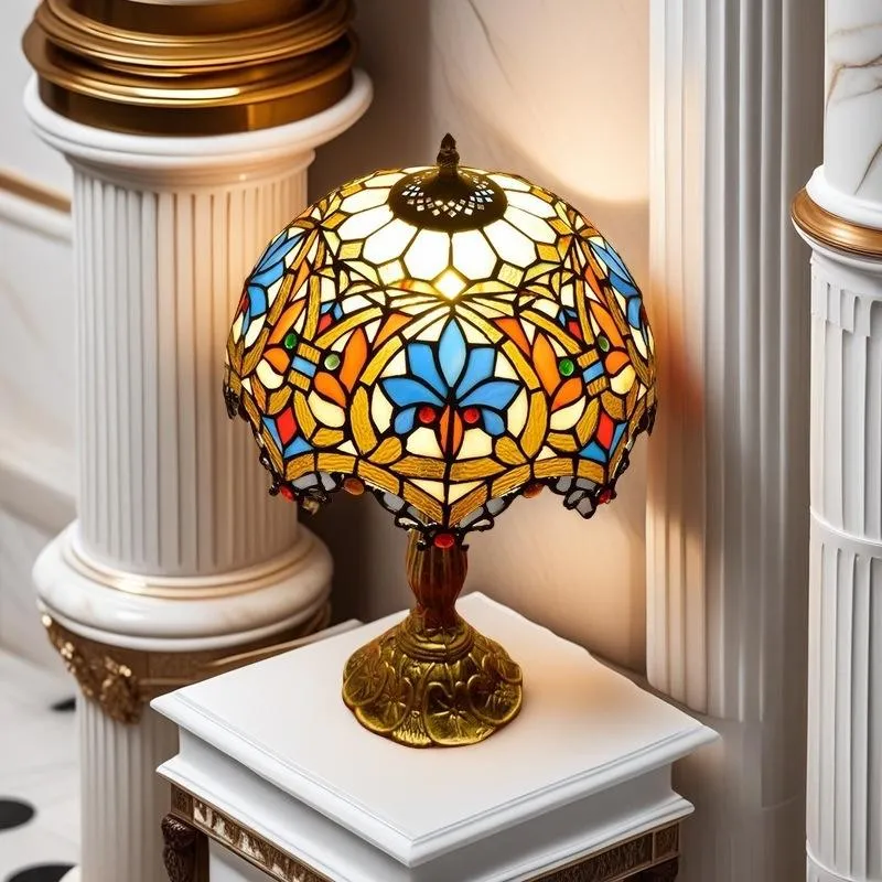 Retro Stained Glass Table Lamp Handcrafted Colored Glass Desk Lamp with Ornate Metal Base Vintage Decorative Bedside Light
