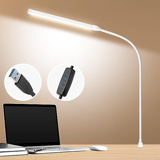 LED Desk Lamp Clamp Reading Room Long Flexible Goose Neck Metal Swing Arm Adjustable Temperature 2800K-6500K DC Modern White