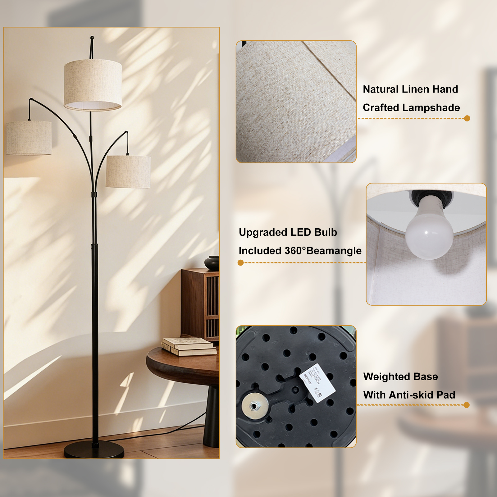 2026 New Dimmable Arc Floor Lamp Rotary Switch Standing Lamp with Linen Shade and Heavy Base, Mid Century Tree Lamp