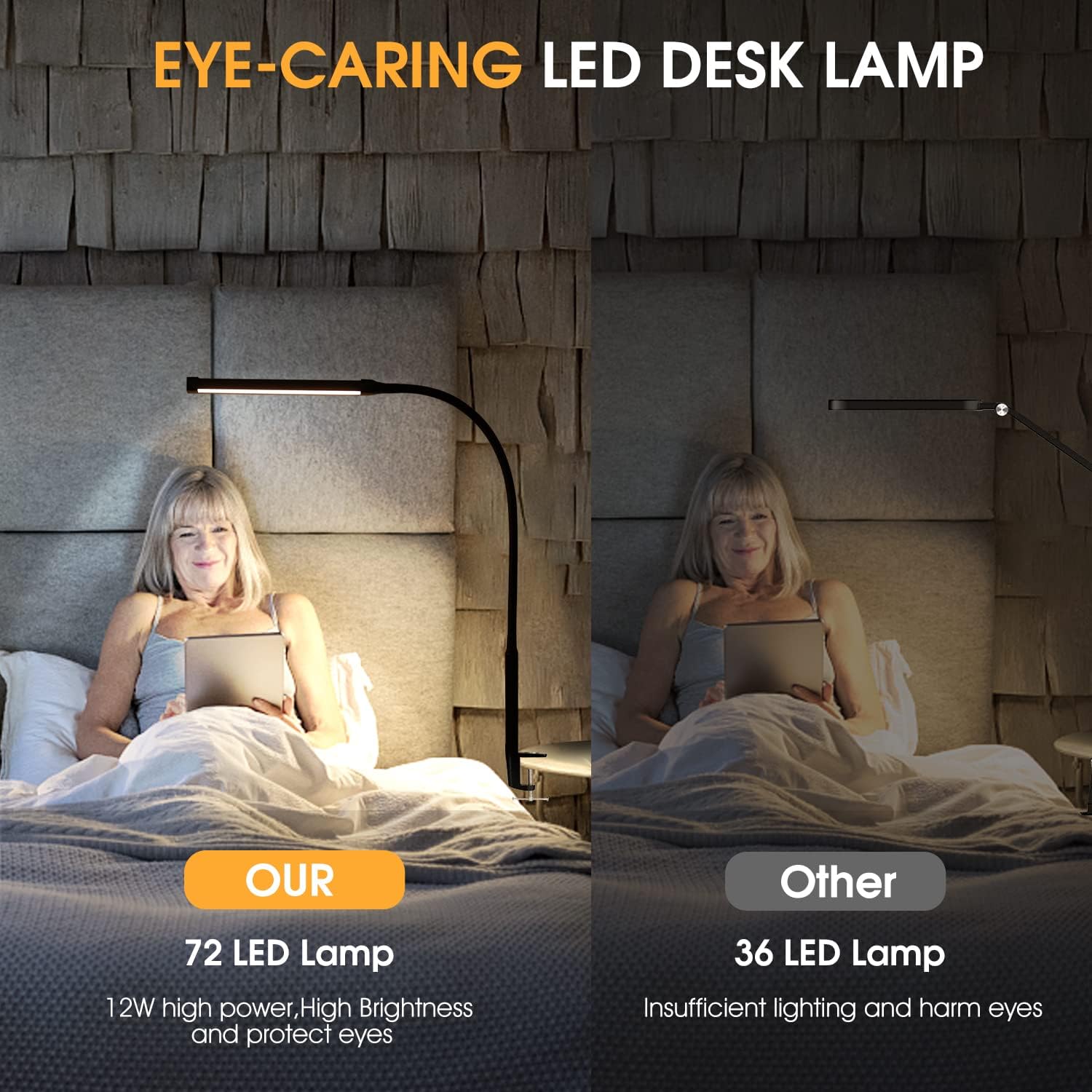 LED Desk lamp with Clamp, Eye-Caring Clip on Lights for Home Office Long Flexible Gooseneck, Metal.