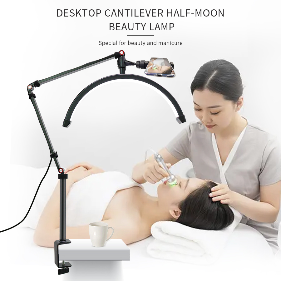 Professional Eyelash Lamp LED Beauty Desktop Light with Clamp for Manicure Repair Eyelash Salon Crescent Lamp with Phone Clip