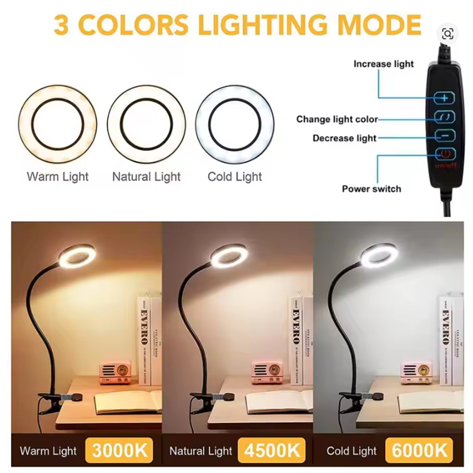 5X Magnifying Glass Desk Lamp with Clamp 3 Color Modes Flexible Gooseneck LED Desk Lamp