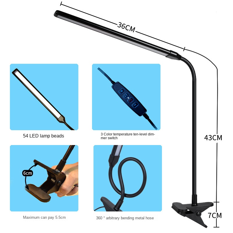 LED Desk Lamp Clamp Reading Room Long Flexible Goose Neck Metal Swing Arm Adjustable Temperature 2800K-6500K DC Modern White
