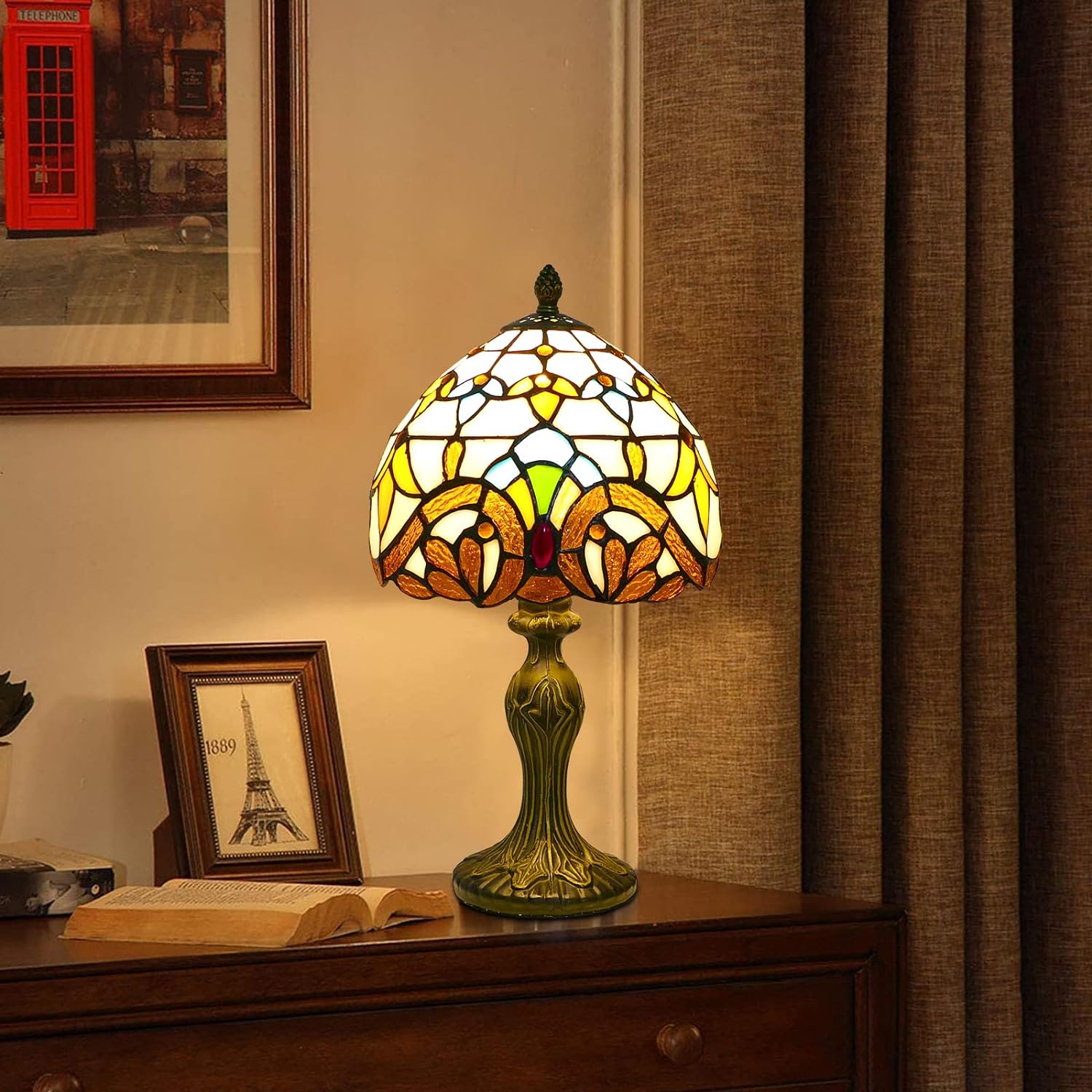 Tiffany Table Lamp Baroque Handmade Stained Glass Desk Lamps Gifts Resin Base Beige Baroque Vintage Reading Lamp