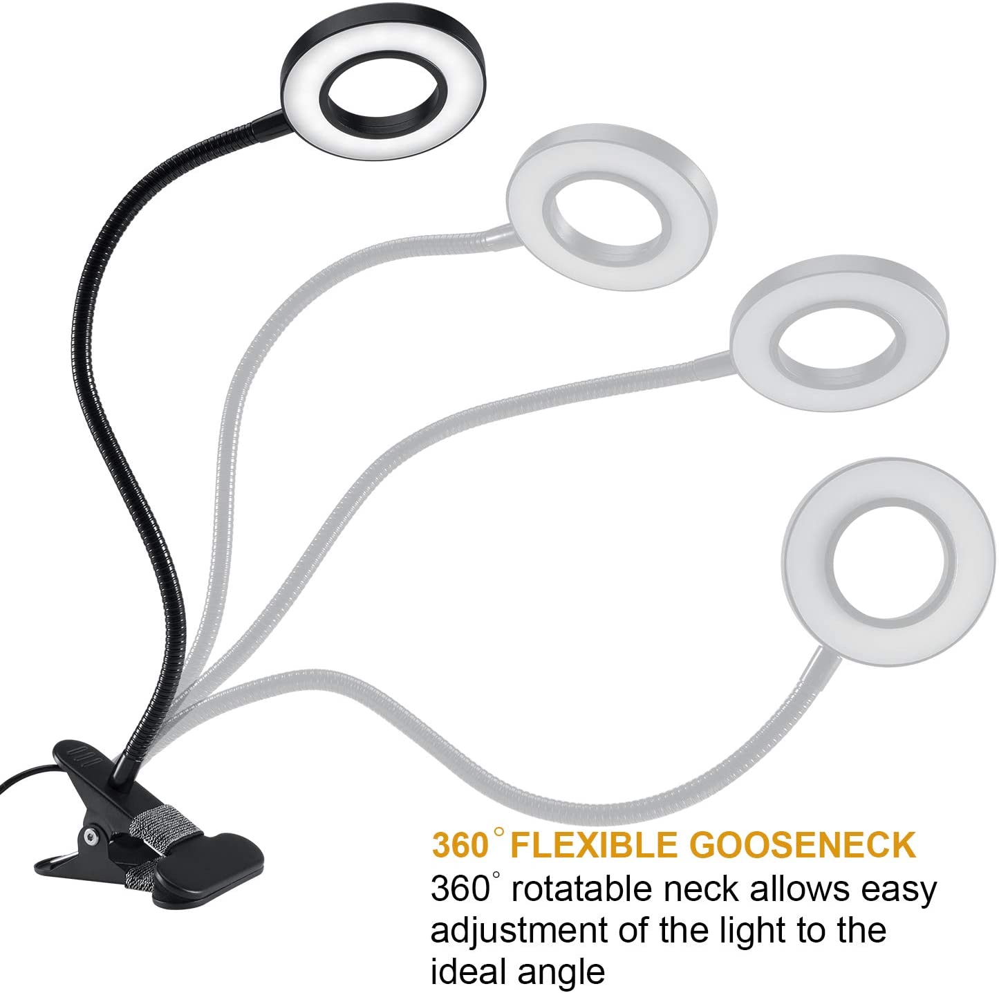 Dimmable 10 Brightness 3 Modes Desk Clip on Lamp for Reading Home Office Sturdy Clamp and Flexible Gooseneck Clamp Ring Light