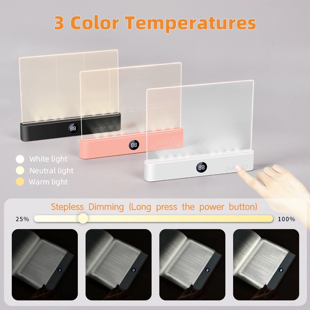 Smart Portable LED Book Light with Timer Stepless Dimming Ultra-Thin Eye-Care Reading Lamp USB Rechargeable for Bedroom