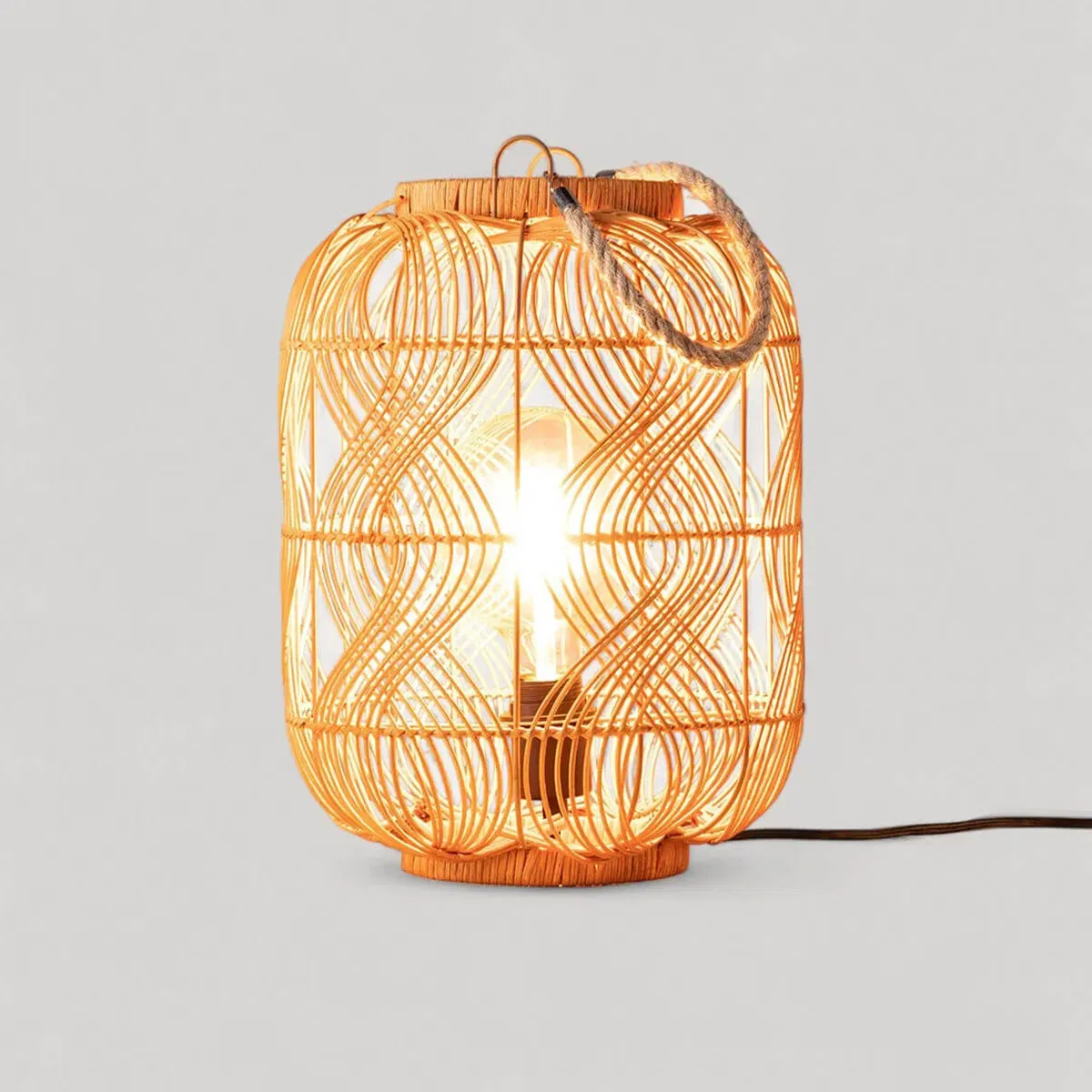 Vintage Natural Rattan Lantern LED Table Lamp Desk Light