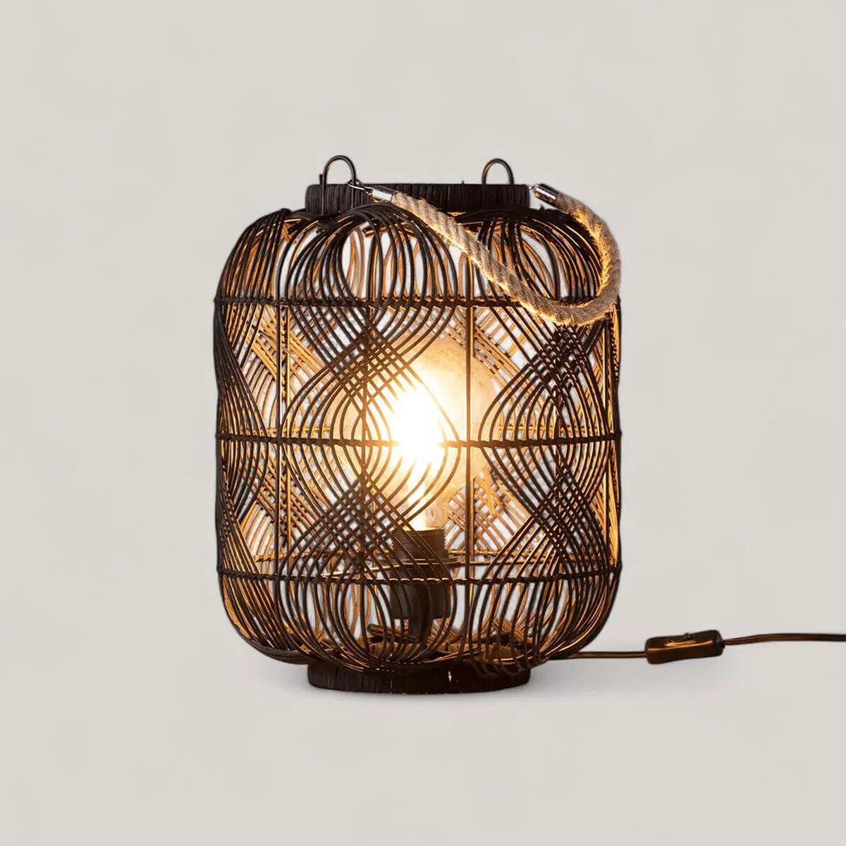 Vintage Natural Rattan Lantern LED Table Lamp Desk Light