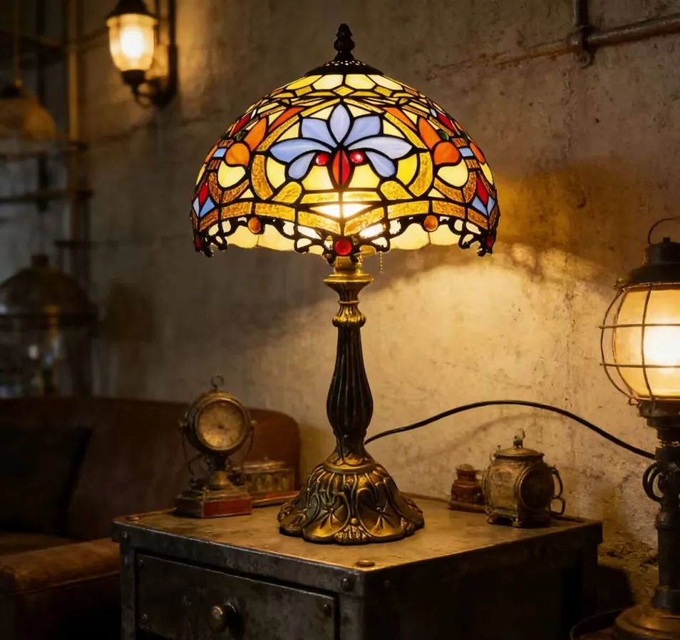 Retro Stained Glass Table Lamp Handcrafted Colored Glass Desk Lamp with Ornate Metal Base Vintage Decorative Bedside Light