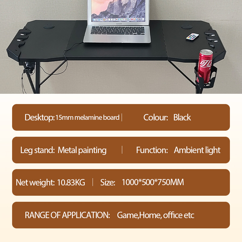 Yijiang Smart Gaming Desk LED Colorful Lamp Game Atmosphere Light Modern Metal Frame Black Wood Surface 3-Year Warranty Game