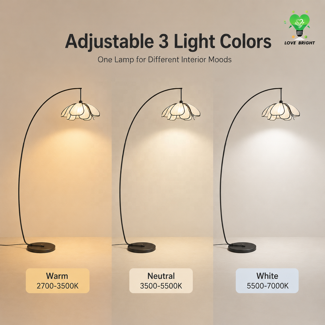 Modern Arc Floor Lamp with Flexible Iron Base and Fabric Flower Shade AC Powered for Living Room Bedroom Hotel Decor