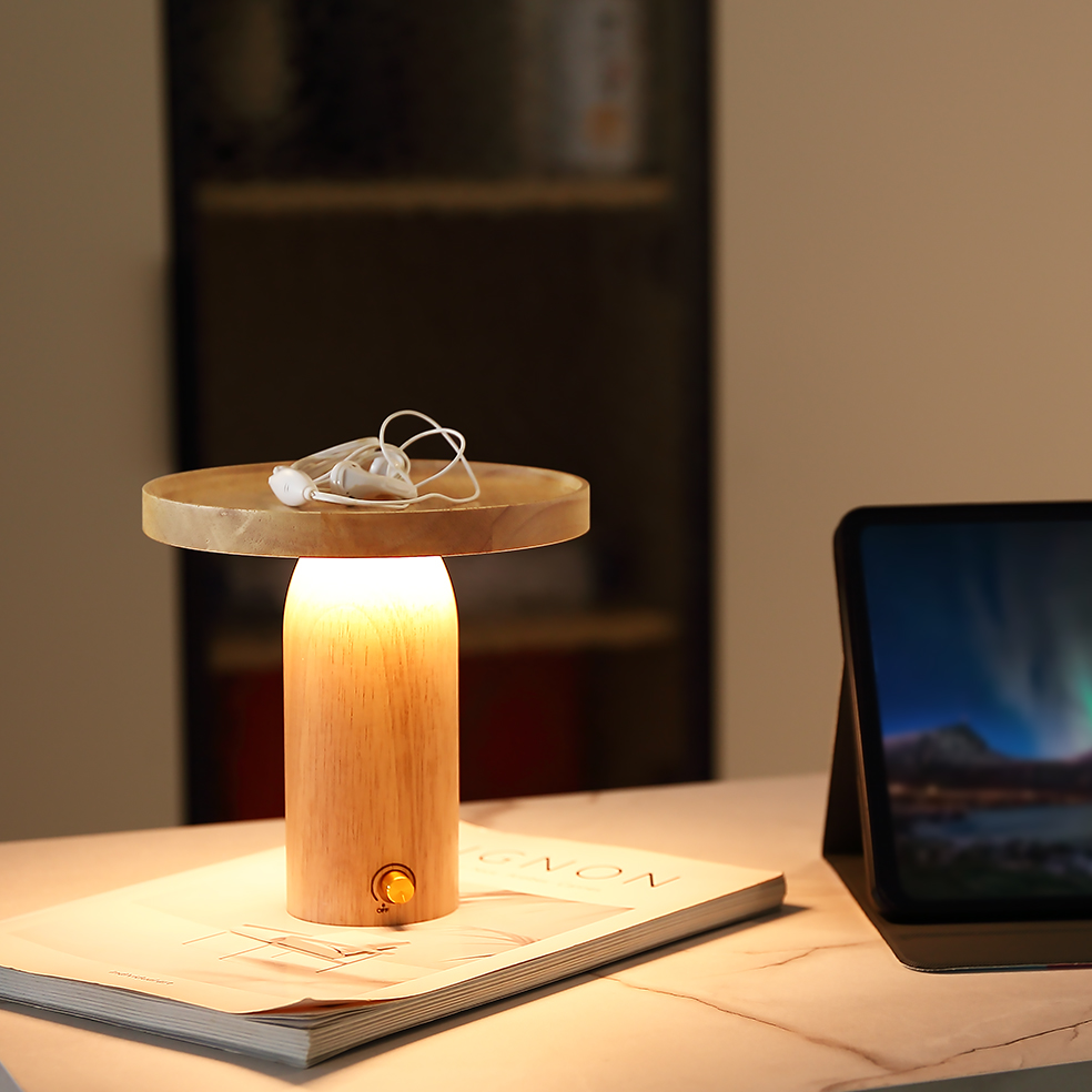 Modern Solid Wood Tray Table Lamp Stepless Dimmable Cordless LED Bedside Light with 2000mAh Battery Portable for Gift &amp; Decor