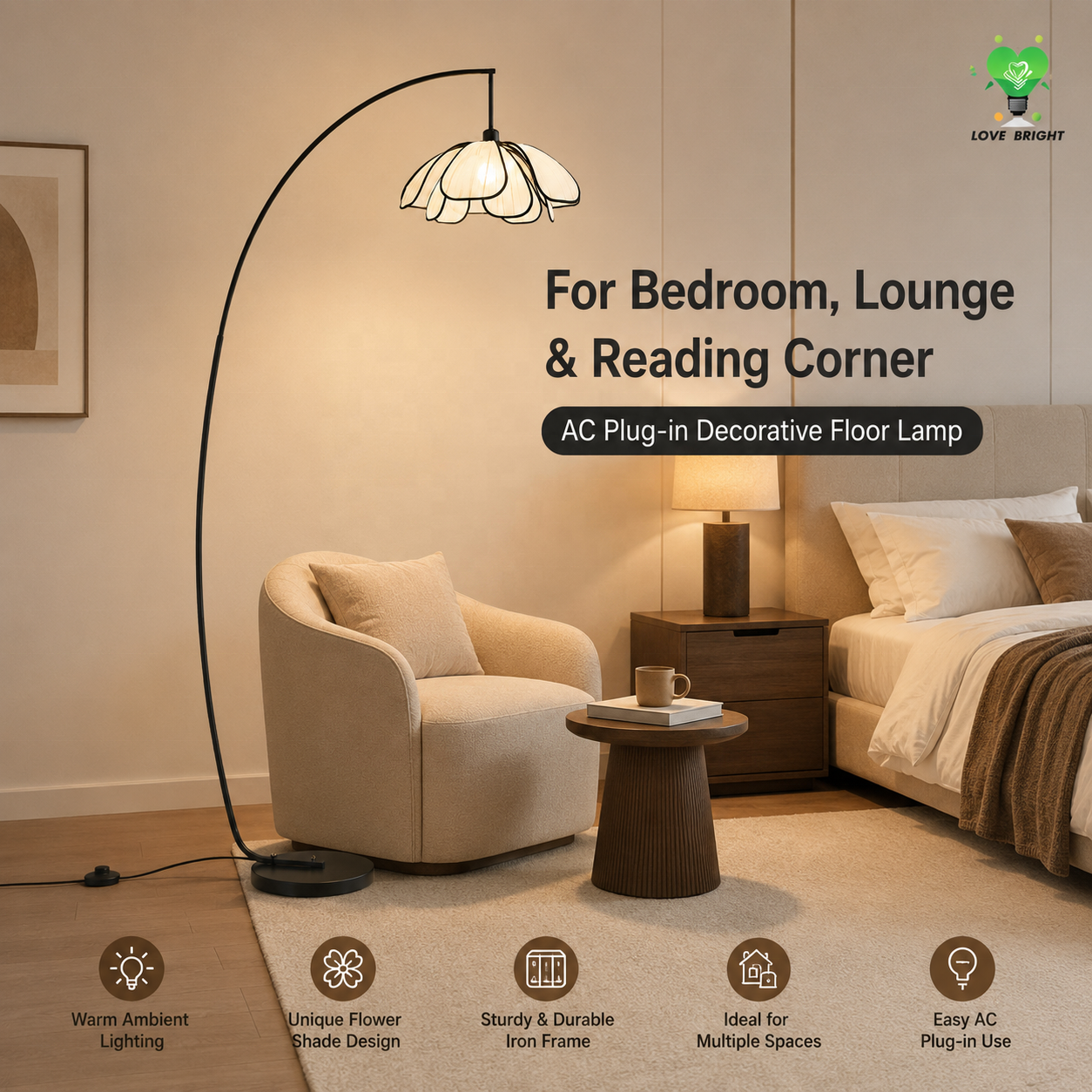 Modern Arc Floor Lamp with Flexible Iron Base and Fabric Flower Shade AC Powered for Living Room Bedroom Hotel Decor