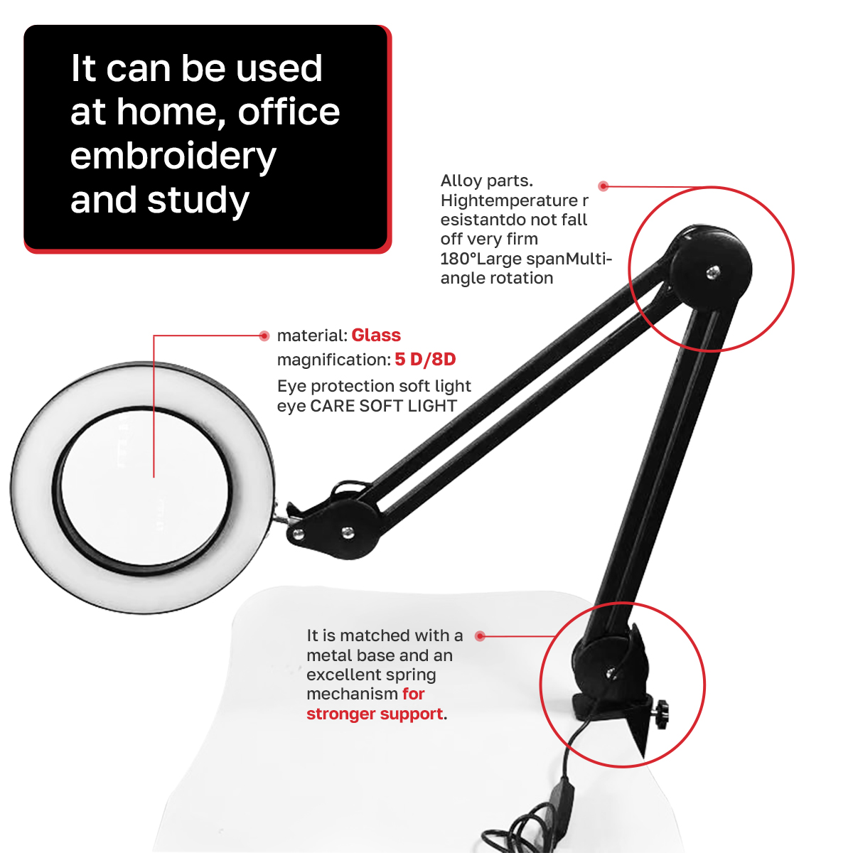 Beauty Salon Embroidered Cold Light LED Folding Long Arm Eye Protection Reading Table Lamp Clip on Magnifying Glass Cold Light