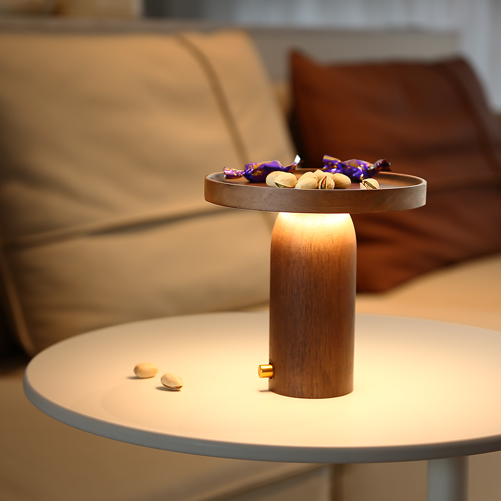 Modern Solid Wood Tray Table Lamp Stepless Dimmable Cordless LED Bedside Light with 2000mAh Battery Portable for Gift &amp; Decor