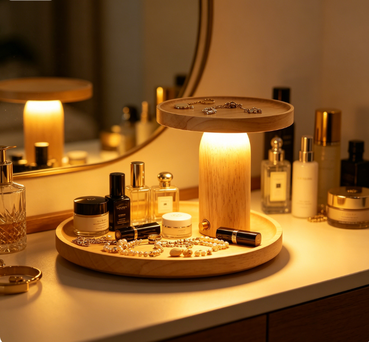 Modern Solid Wood Tray Table Lamp Stepless Dimmable Cordless LED Bedside Light with 2000mAh Battery Portable for Gift &amp; Decor