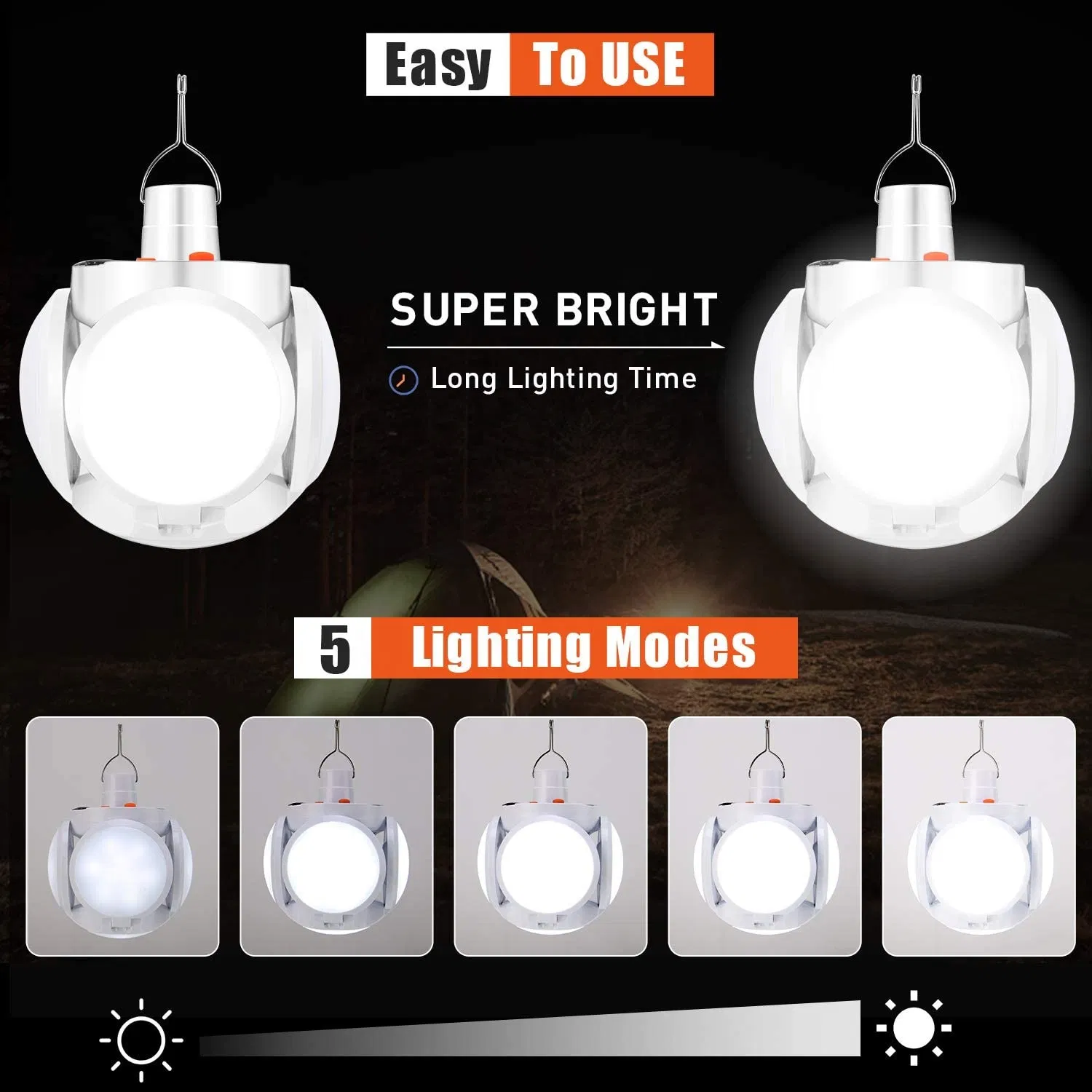 Outdoor LED Solar Camping Light Portable Tent Lamp with Hanging Hook Folding Football Bulb Rechargeable Deformable Garage Lamp