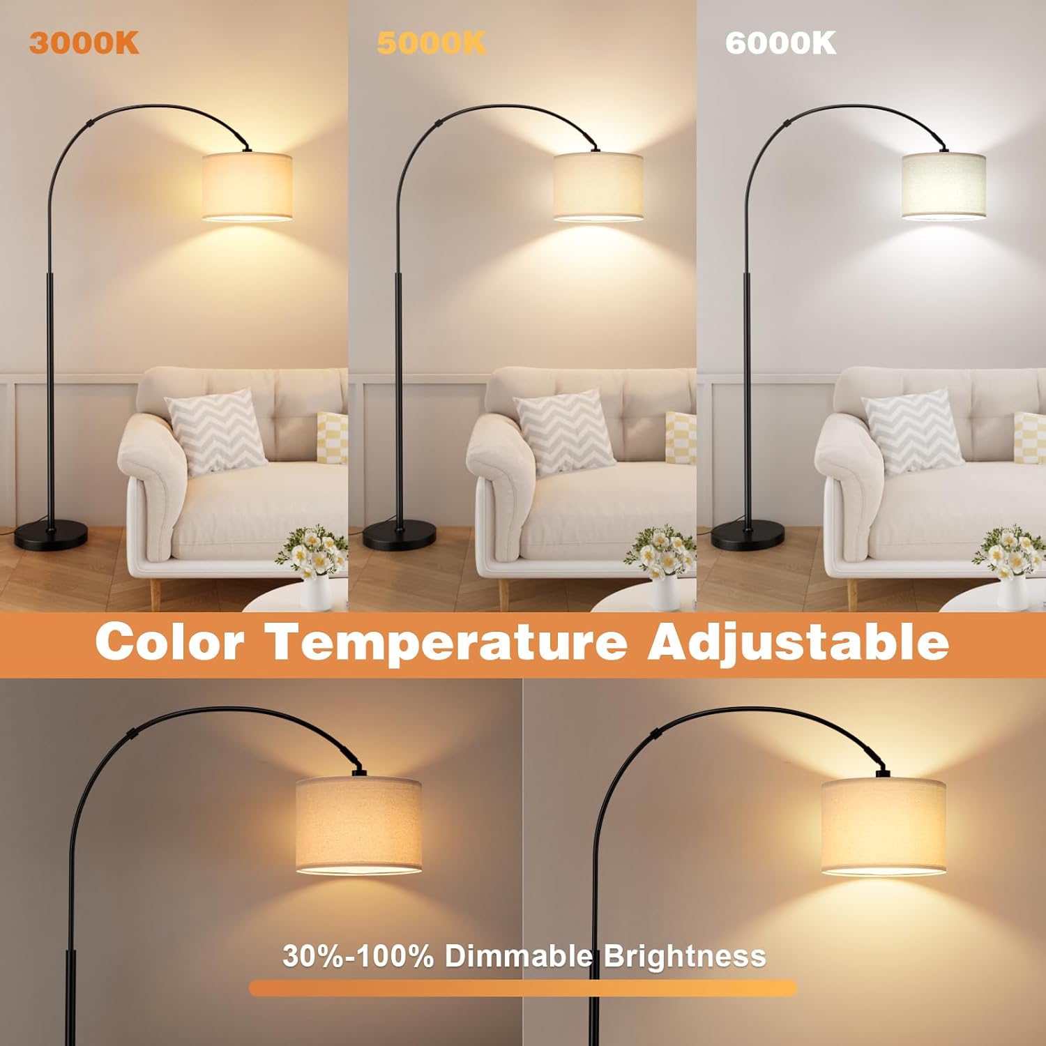 177.8 cm Beige Black Arc Floor Lamp Adjustable Brightness Color Temperature Dimmable Curved Reading Lamp for Living Room Remote