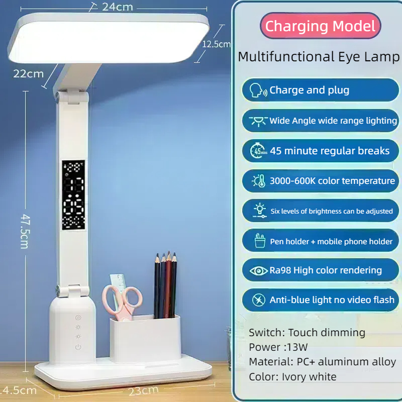 Modern Touch Control LED Desk Dimmable Eye-Caring Reading Light USB-C Charging Portable Battery-Powered ABS Home Office Bedside