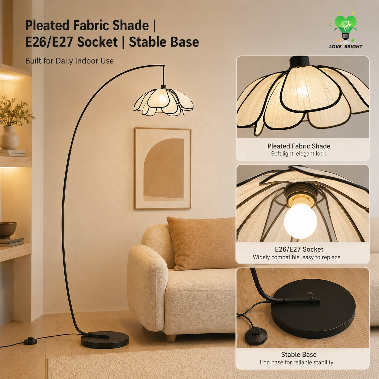 Modern Arc Floor Lamp with Flexible Iron Base and Fabric Flower Shade AC Powered for Living Room Bedroom Hotel Decor