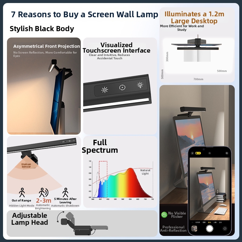 Modern Human Body Sensor Aluminum Alloy Screen Hanging Light for Desktop Computer Display Eye Protection Anti-Blue Light Monitor