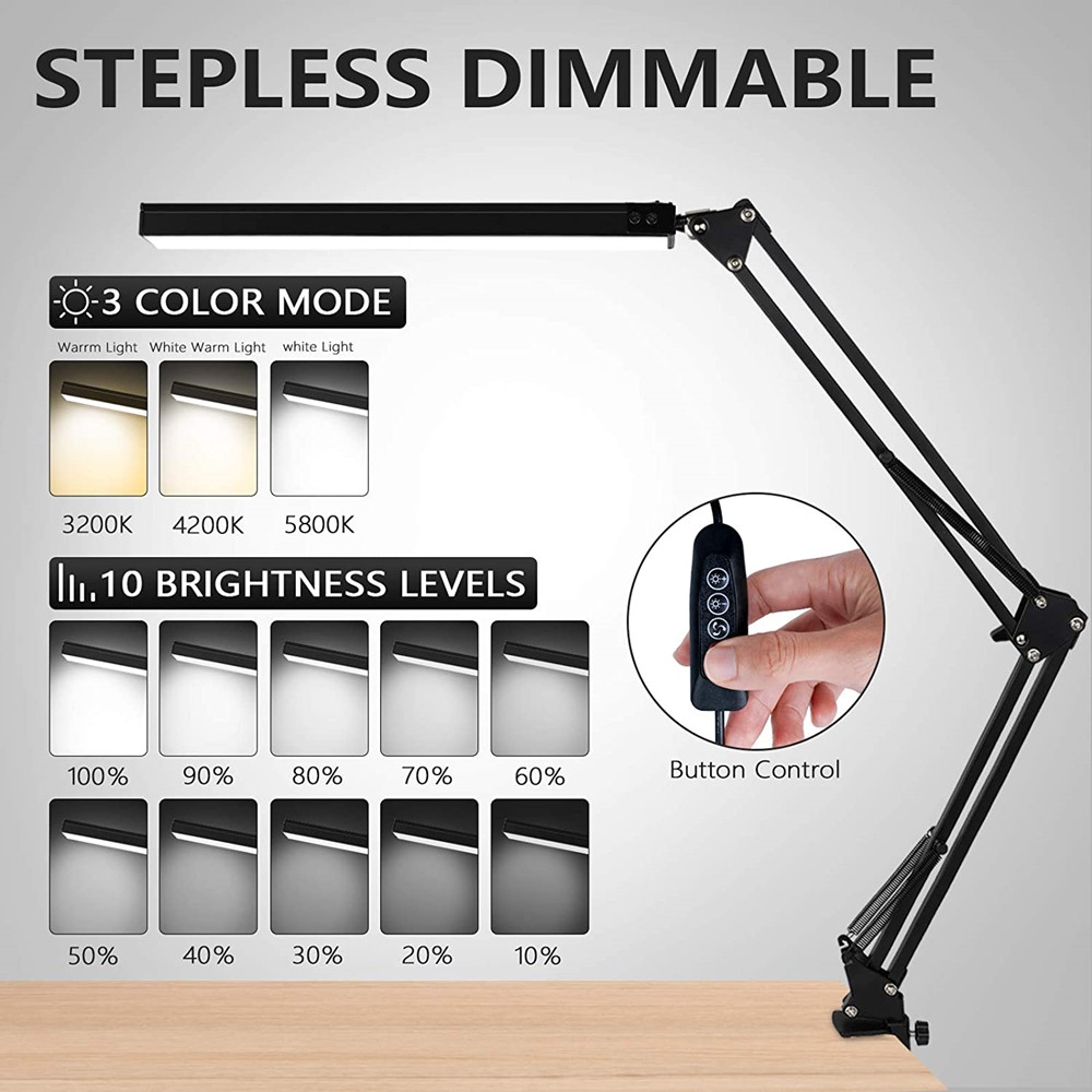 LED Desk Lamp with Clamp Desk Lamp with Light and Adjustable Swing Arm Clip-on Eye-Care