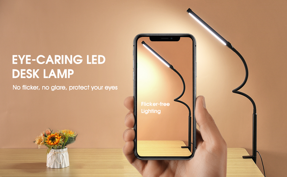 LED Desk lamp with Clamp, Eye-Caring Clip on Lights for Home Office Long Flexible Gooseneck, Metal.