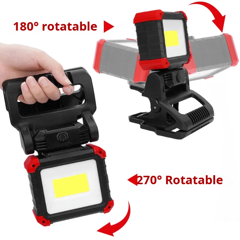 Super Bright LED ABS Black 6V Waterproof Work Light Rechargeable COB Magnetic Clip-on 270 Rotatable Clip 1200 Lumens Workshop