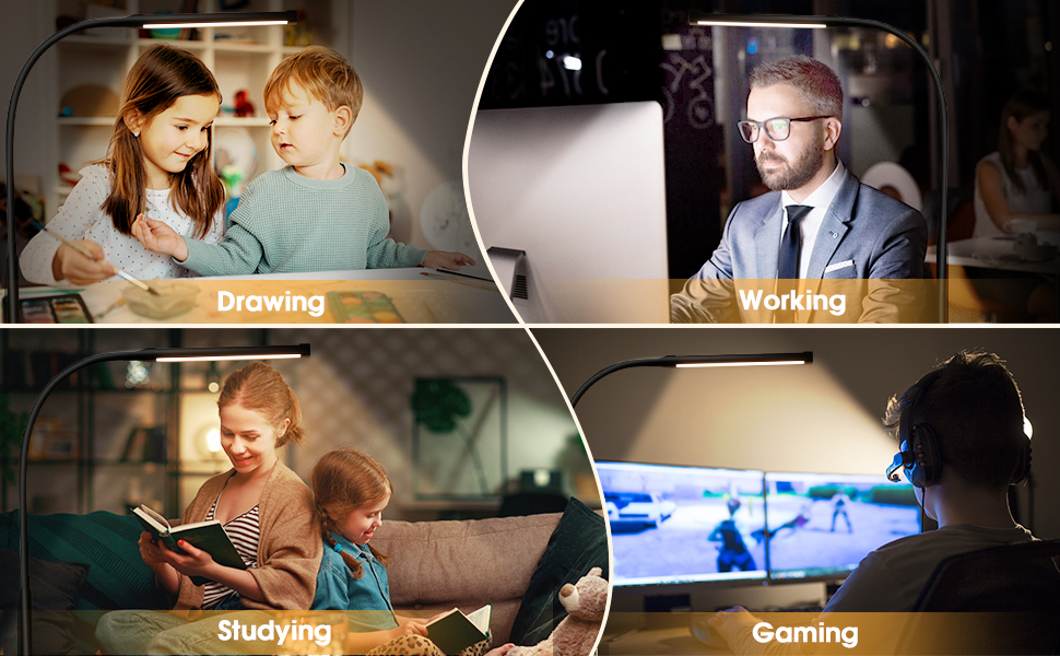 LED Desk lamp with Clamp, Eye-Caring Clip on Lights for Home Office Long Flexible Gooseneck, Metal.