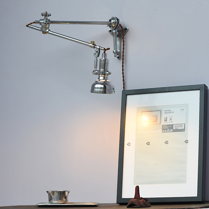 Industrial Style Telescopic Swing Arm Folding Bedside Reading Wall Lamp Dimmable LED E14 Base Iron Shade Home Mirror