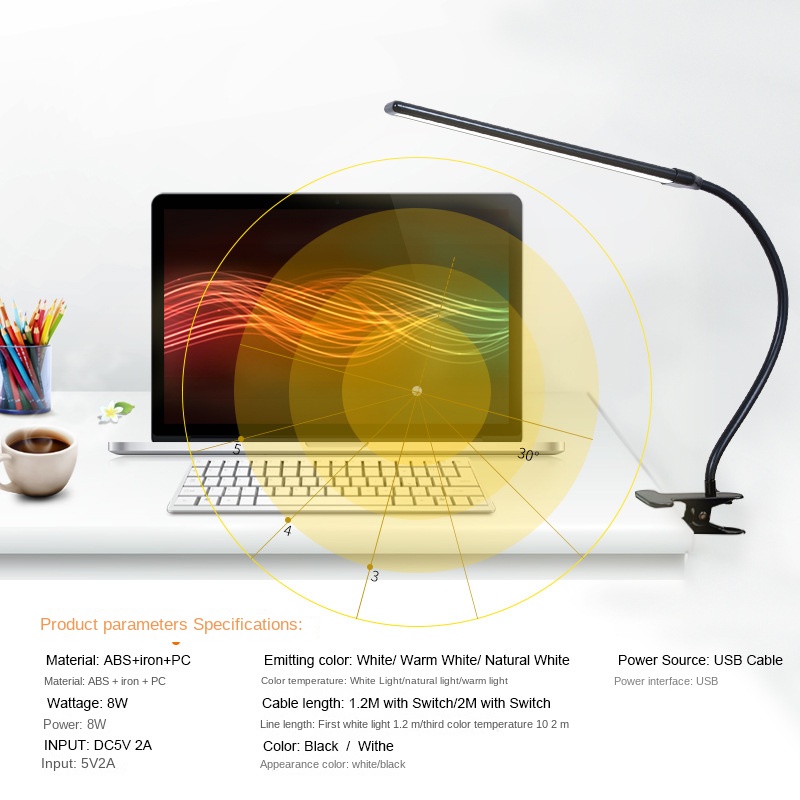LED Desk Lamp Clamp Reading Room Long Flexible Goose Neck Metal Swing Arm Adjustable Temperature 2800K-6500K DC Modern White
