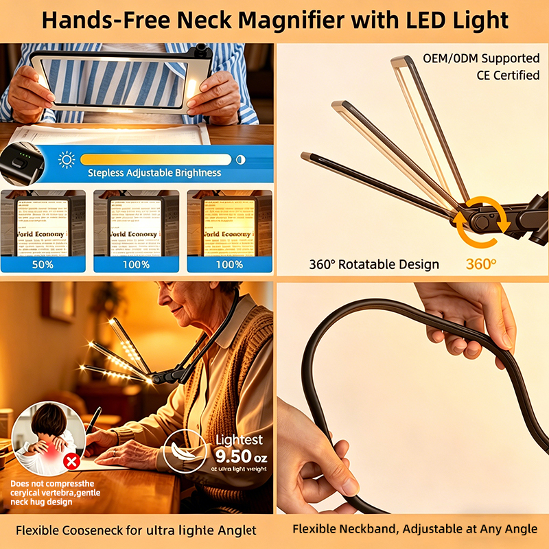 LED Neck Light With 5X Magnifier Hands Free Reading Lamp 3 Color Modes USB Rechargeable for Reading Repair Craft Hobby