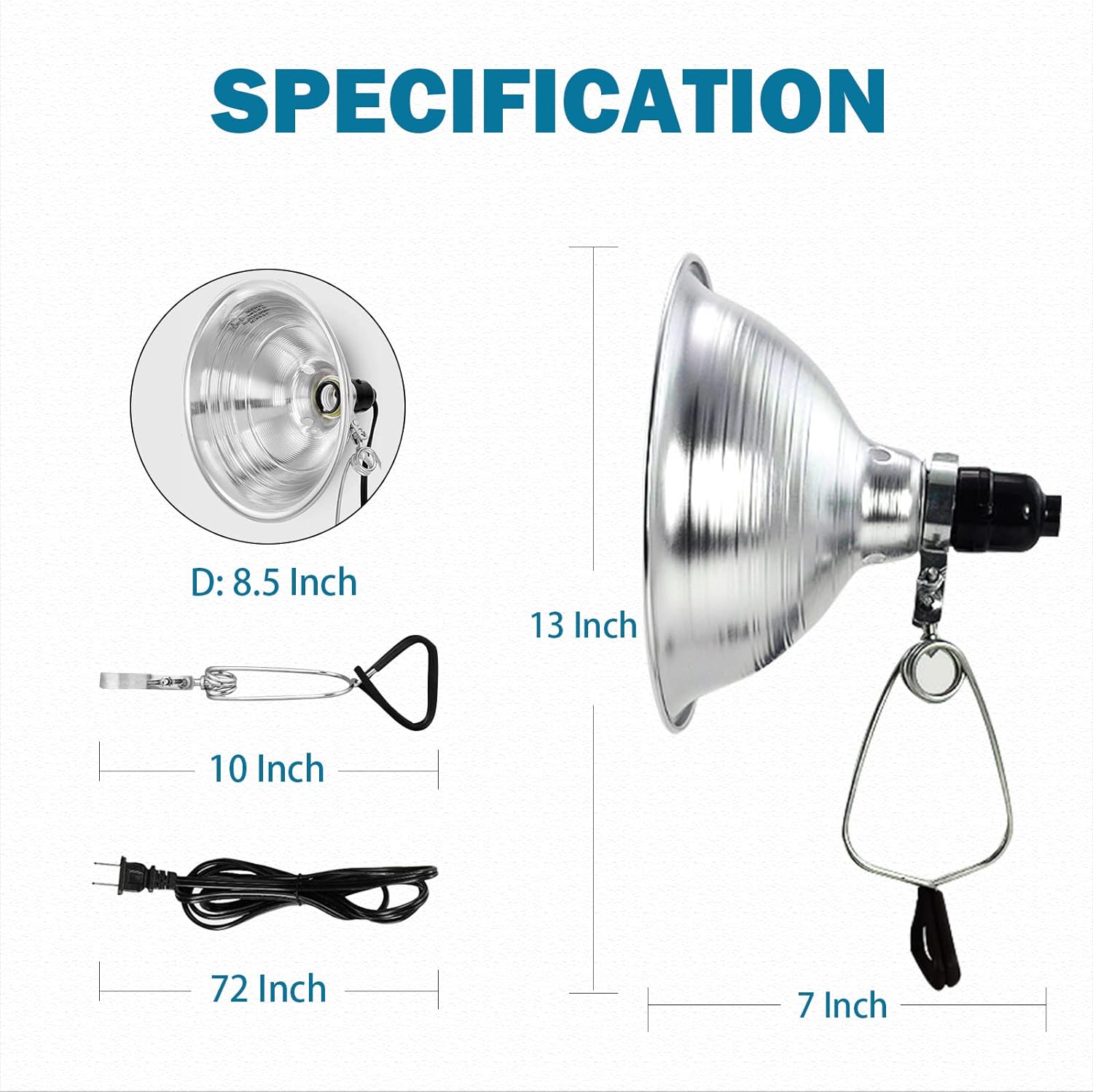 Clamp Lamp Light with Detachable 8.5 Inch Aluminum Reflector, 150 Watt E26 Socket (No Bulb Included), 6 Foot 18/2 SPT-2