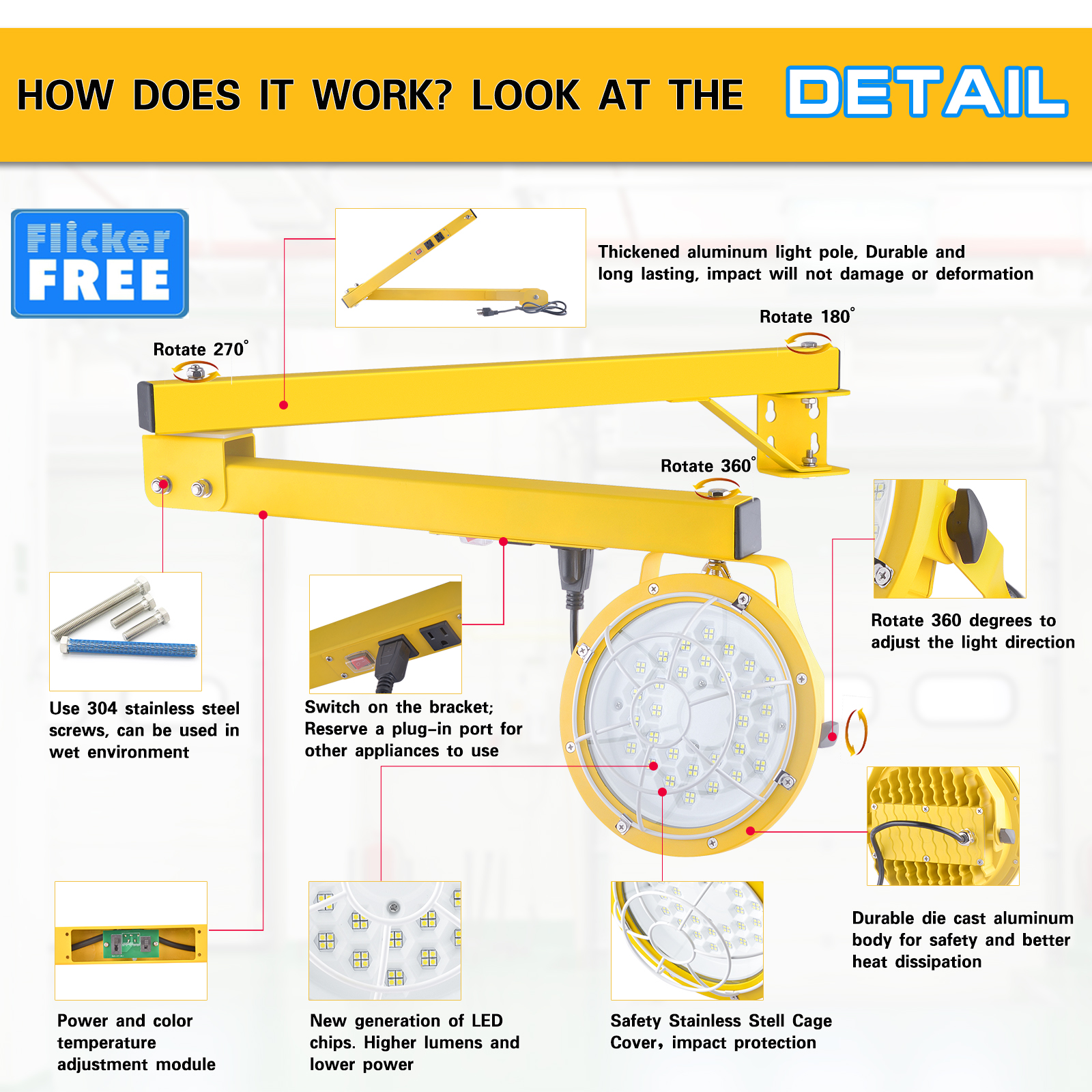 ETL Approved 60W IP65 Swing Arm LED Work Light for Workshop Warehouse Dock Loading Equipment