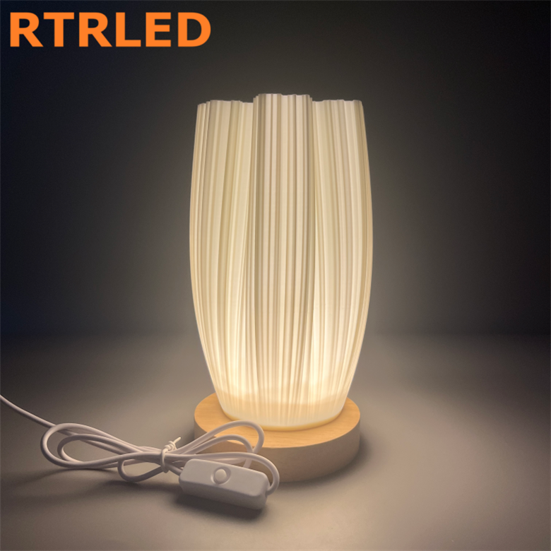 Nordic Style Unique Shape Bedside Lamp Wood Base USB Plug-in Dimmable Nightstand Lamp Creative 3D Printed Ruffled LED Table Lamp