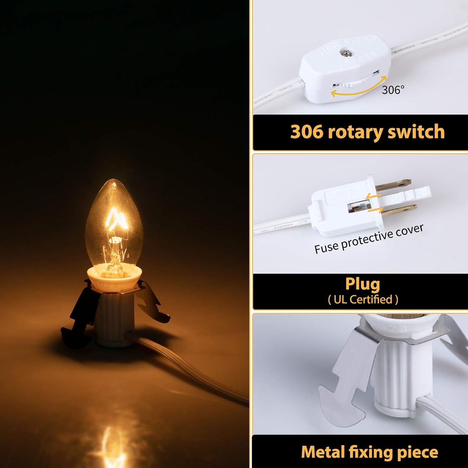 C 7 Clip Light Cord for Christmas Village House,C 7 Clip-in Lamp for Christmas Halloween Craft House Village Salt Lamp Decor
