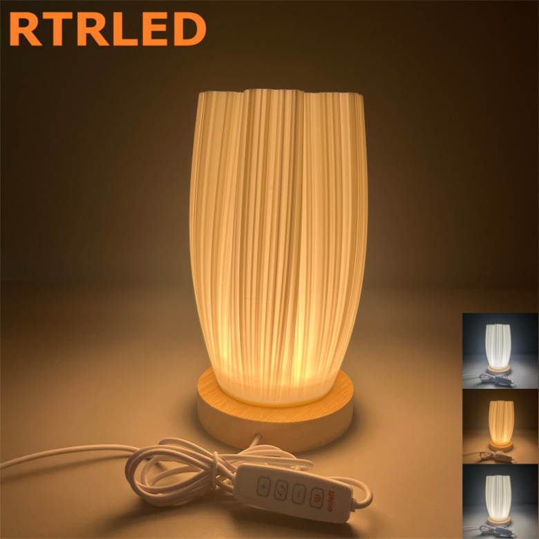 Nordic Style Unique Shape Bedside Lamp Wood Base USB Plug-in Dimmable Nightstand Lamp Creative 3D Printed Ruffled LED Table Lamp