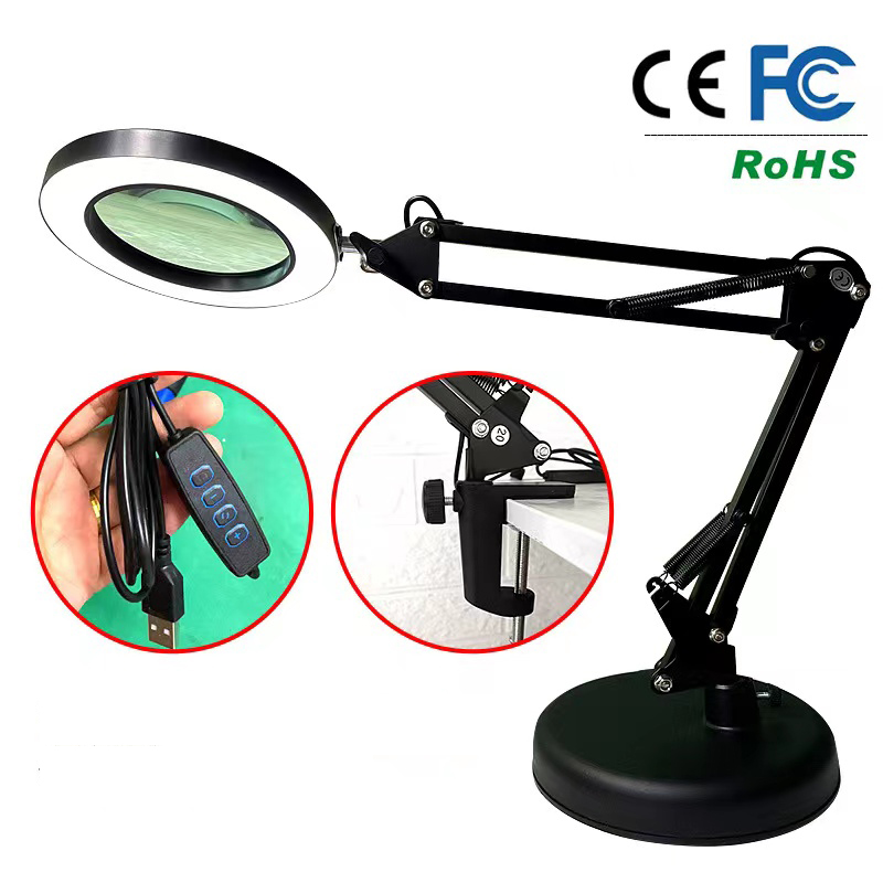 CSX Magnifier Lamp USB Clip-on Smart Table Lamp Adjustable Swing Arm LED Magnifying Desk Lamp Glass Light with Clamp