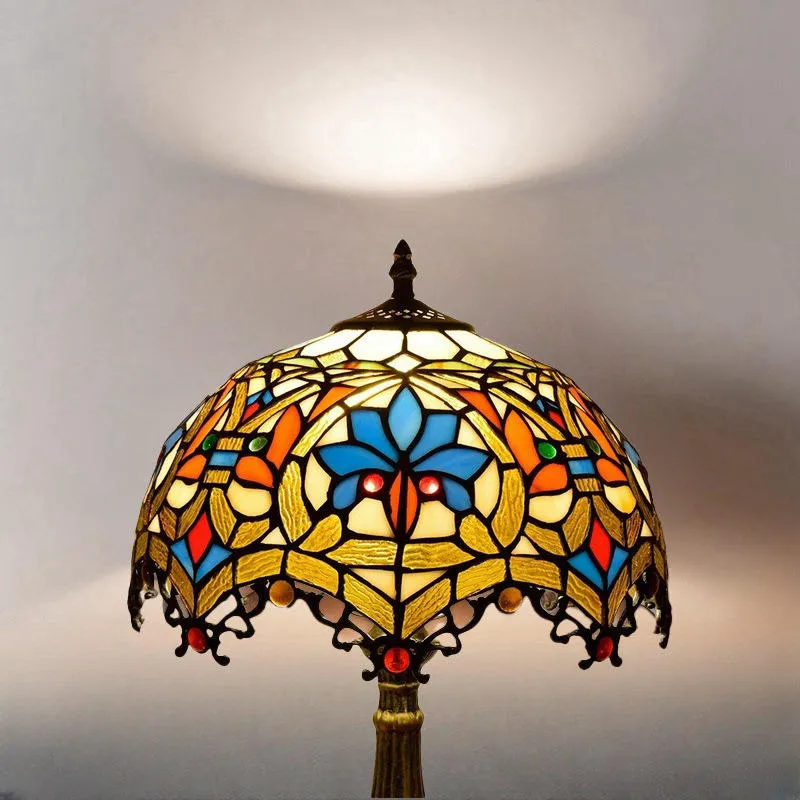 Retro Stained Glass Table Lamp Handcrafted Colored Glass Desk Lamp with Ornate Metal Base Vintage Decorative Bedside Light